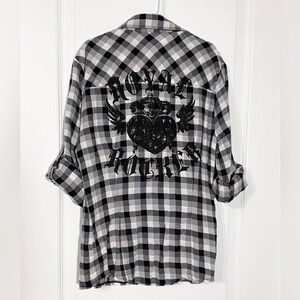 Y2K bebe ‘Royal Rocker’ Back Graphic Plaid Flannel Shirt Vintage XS